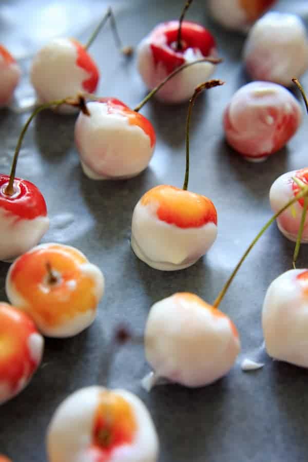 Cherries dipped in greek yoghurt.