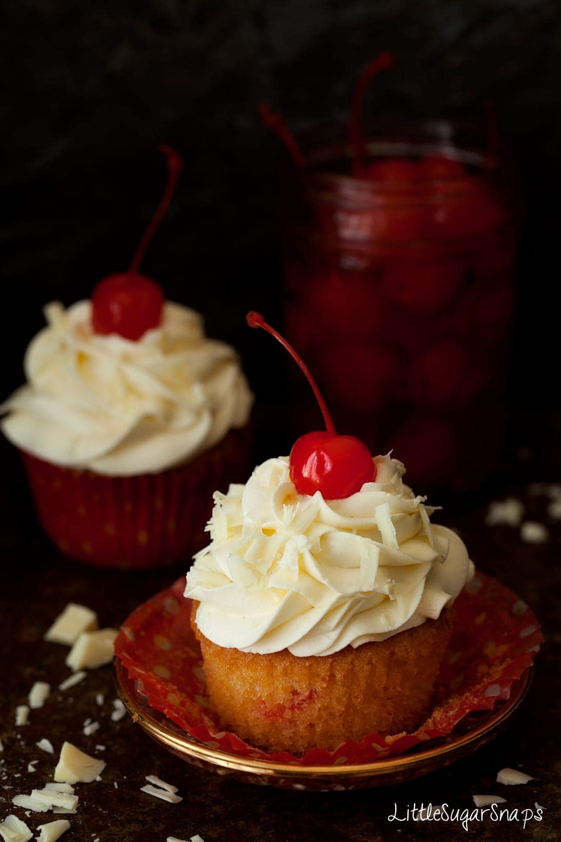 Maraschino Cherry Cupcakes with White Chocolate Buttercream.