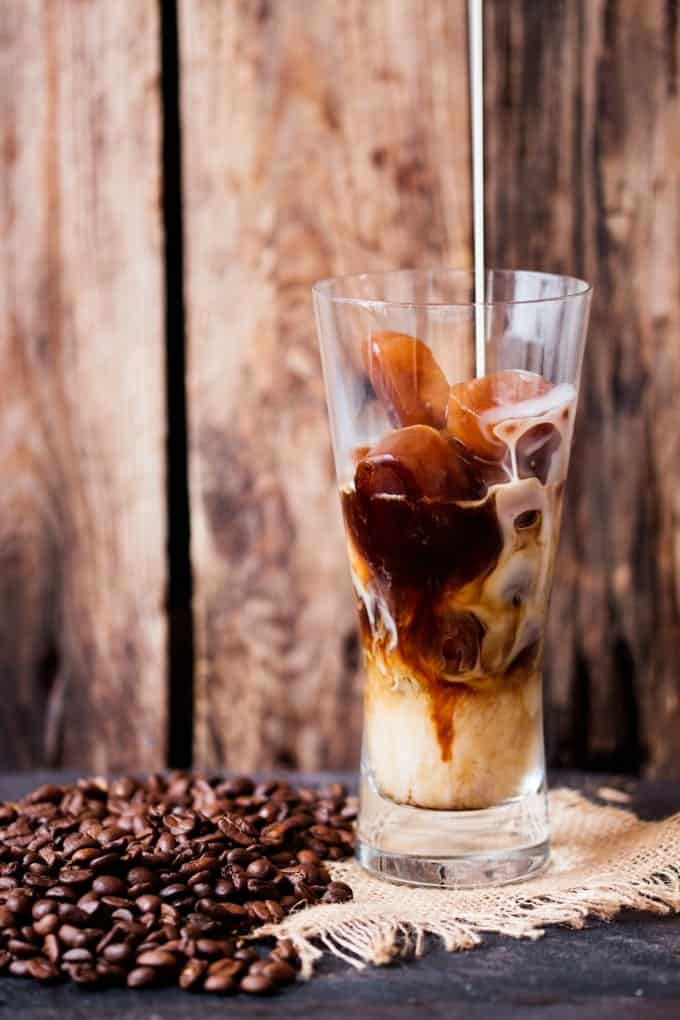 Coffee ice cubes in a glass