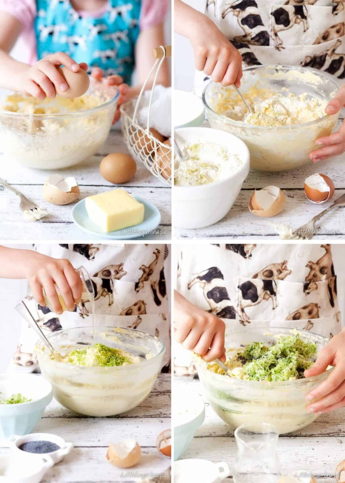 Collage of child making a Zucchini Lime Cake