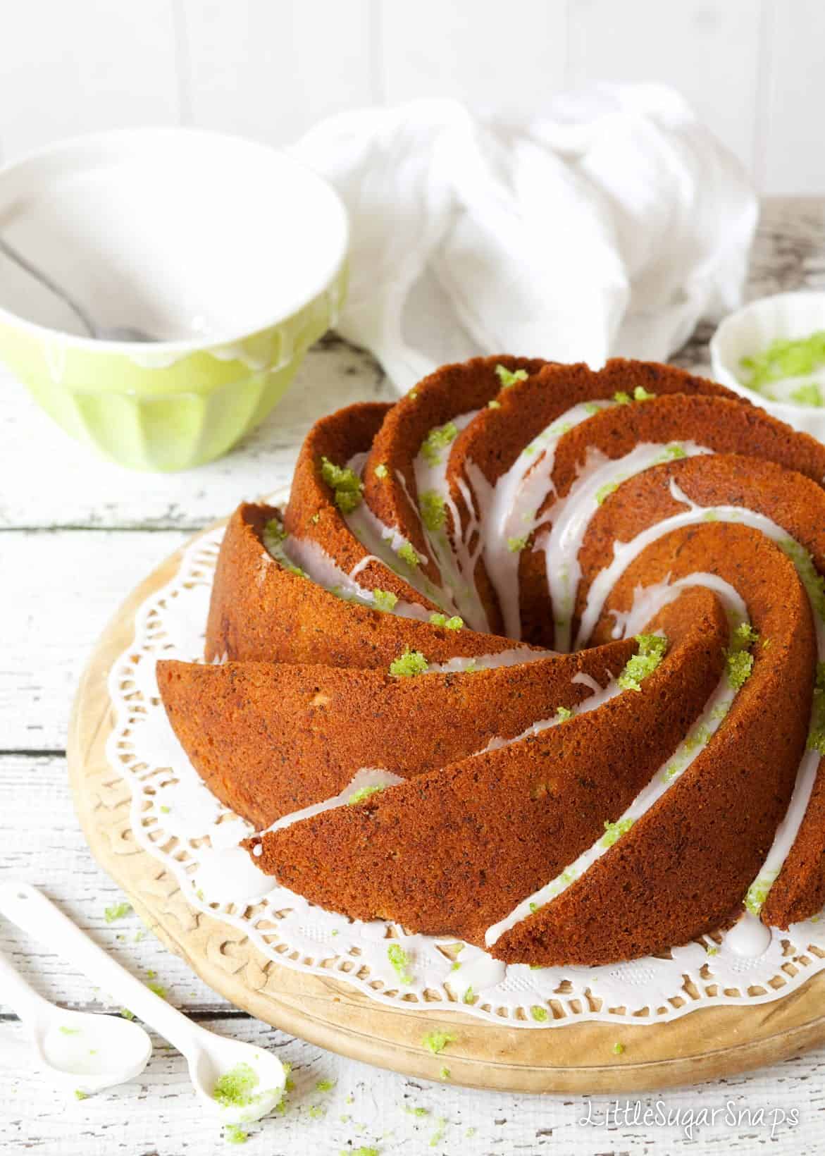 Close up view of a courgette and lime bundt cake