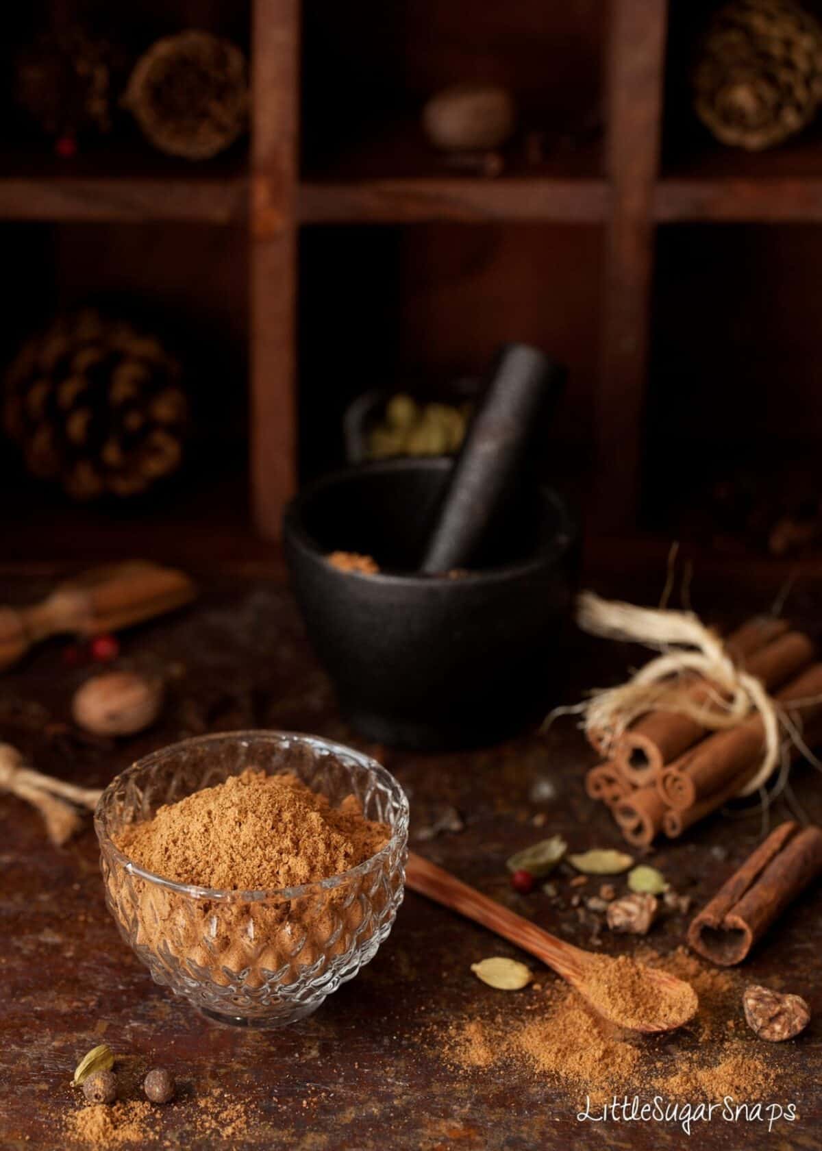 Chai spice mix in a small glass bowl.