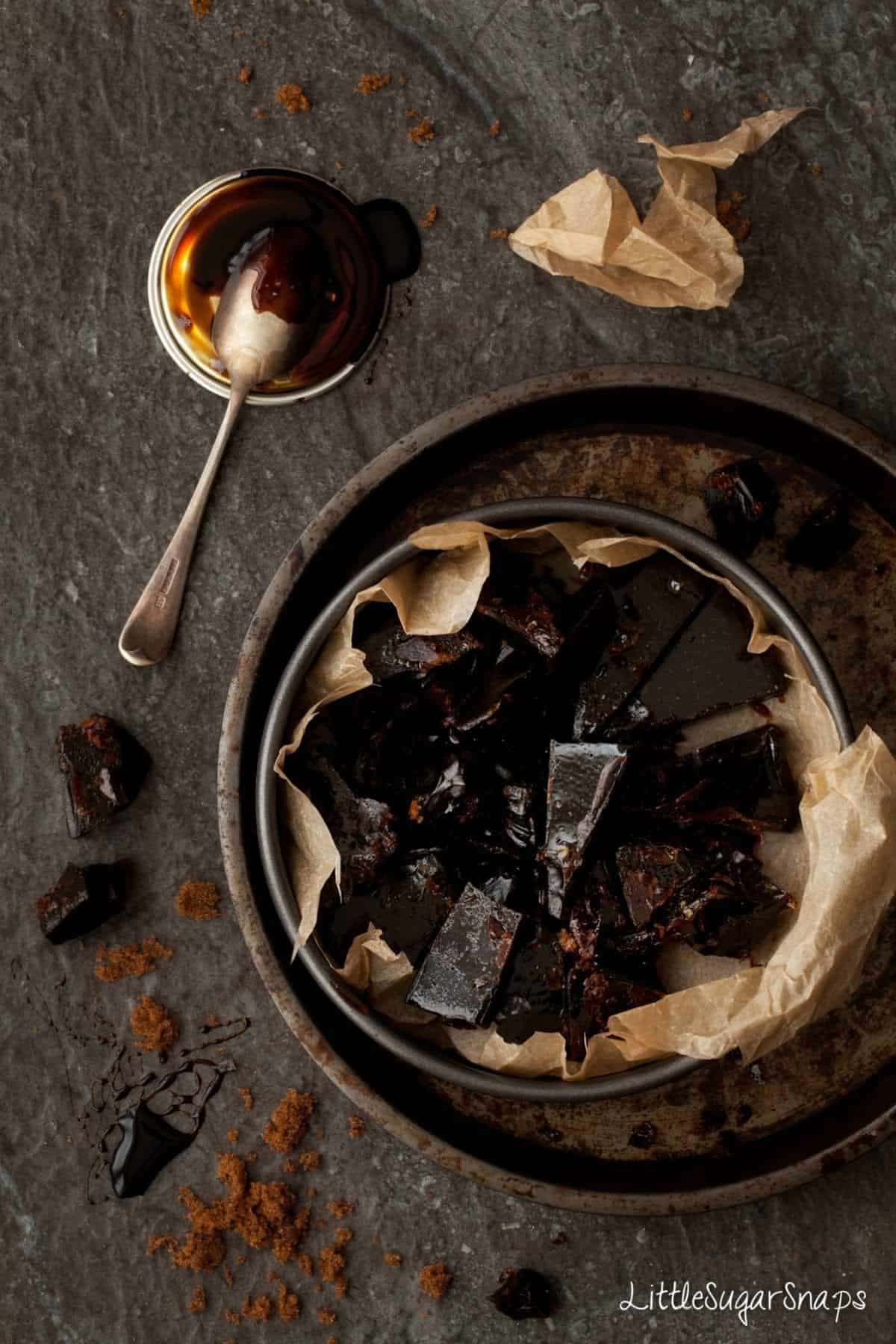 Bonfire Toffee (Treacle Toffee) broken into chunks on greaseproof paper