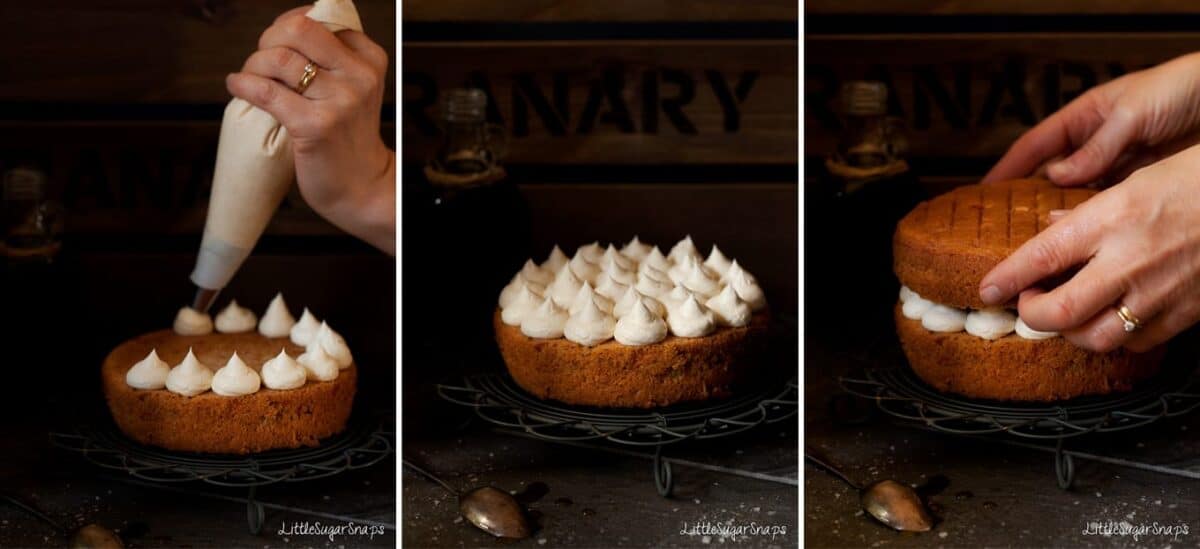 step by step images for decorating a cinnamon apple cake.