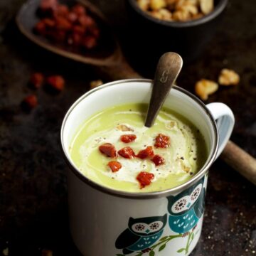 Celeriac and Blue Cheese Soup with croutons and crispy bacon