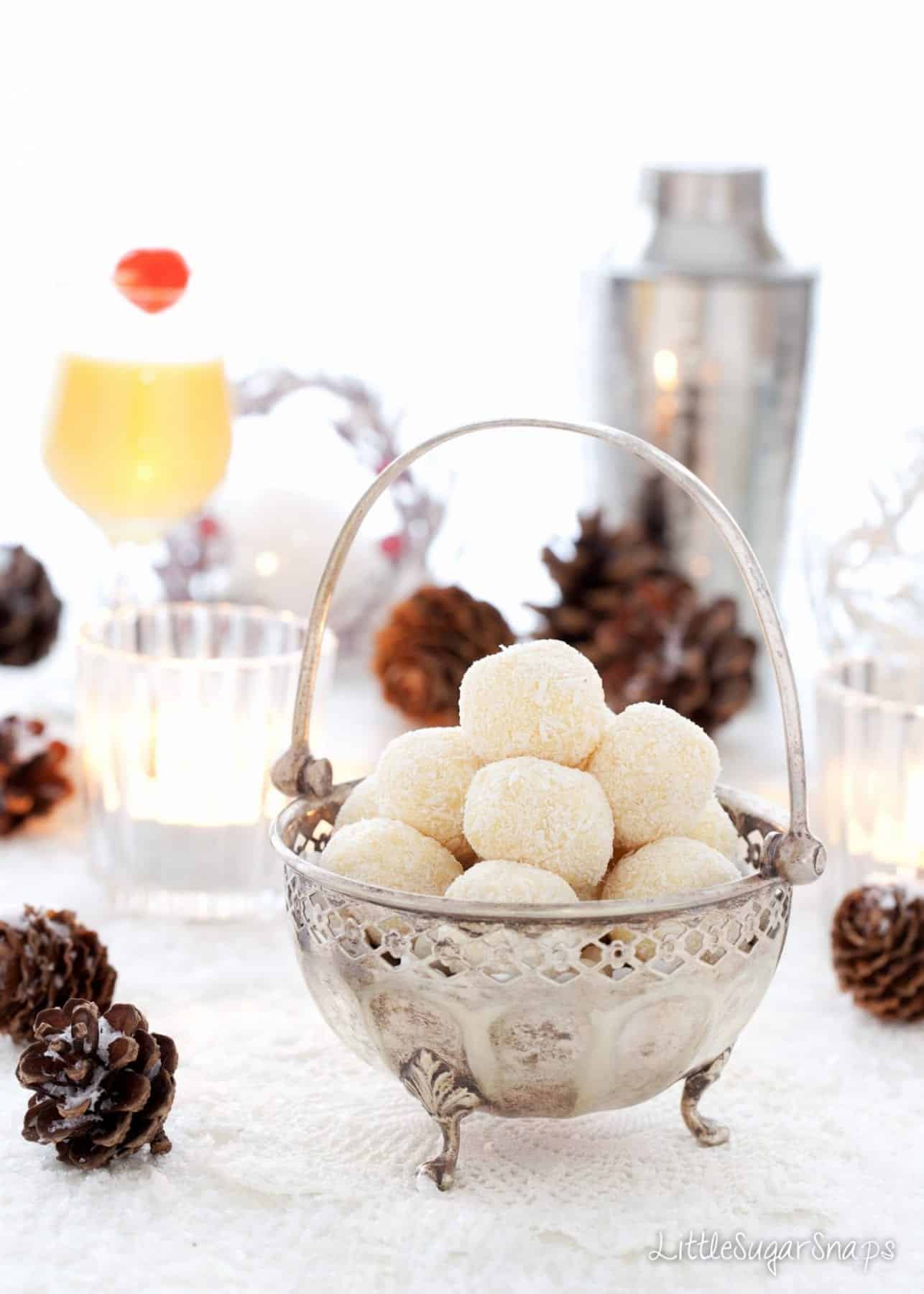 Snowball Truffles in a vintage bonbon bowl.