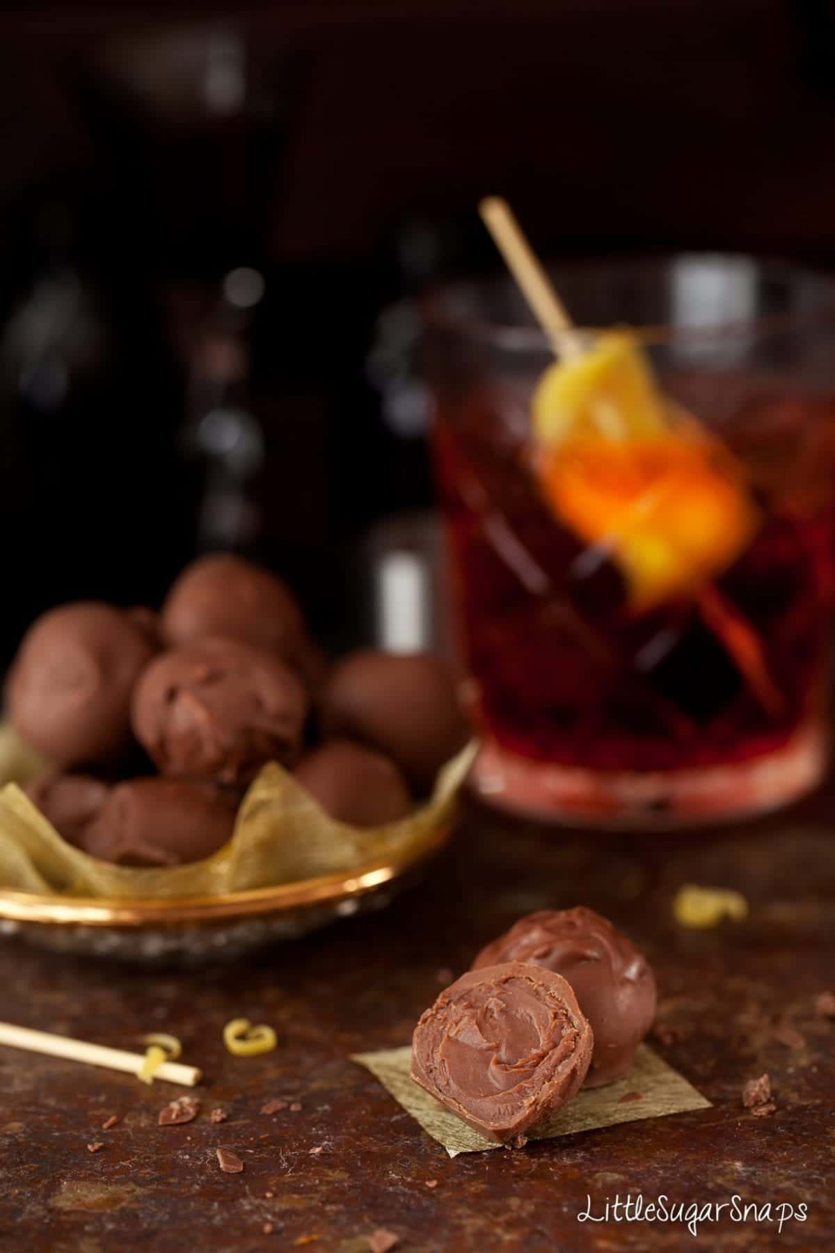 A bitten into Negroni flavoured Truffle.