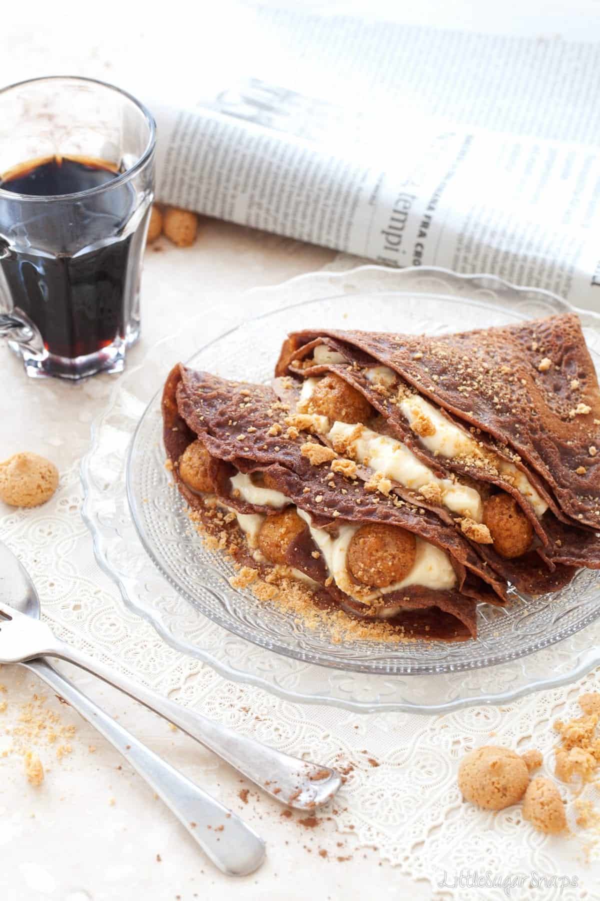 Chocolate pancakes with a Tiramisu filling including mascarpone and amaretti.