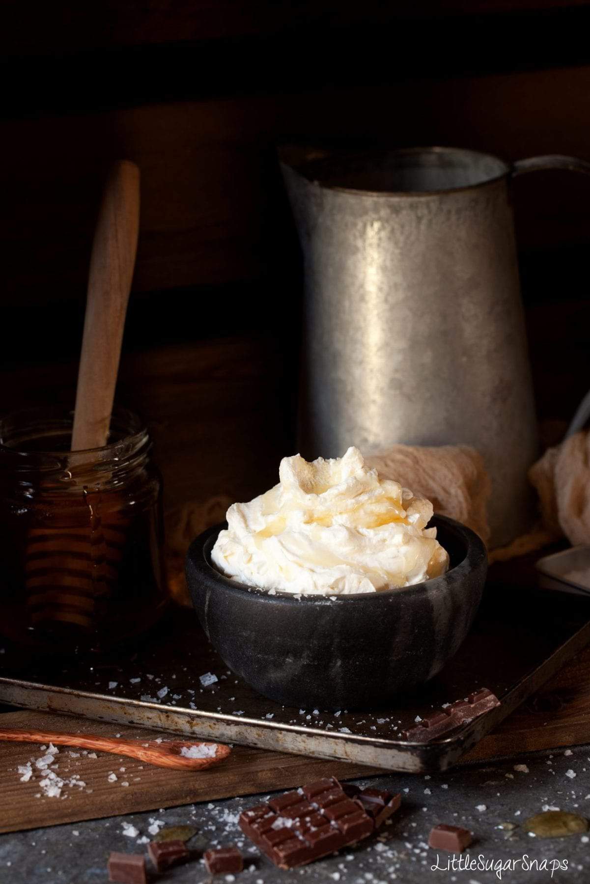 A bowl of salted Honey cream for topping hot chocolate with.