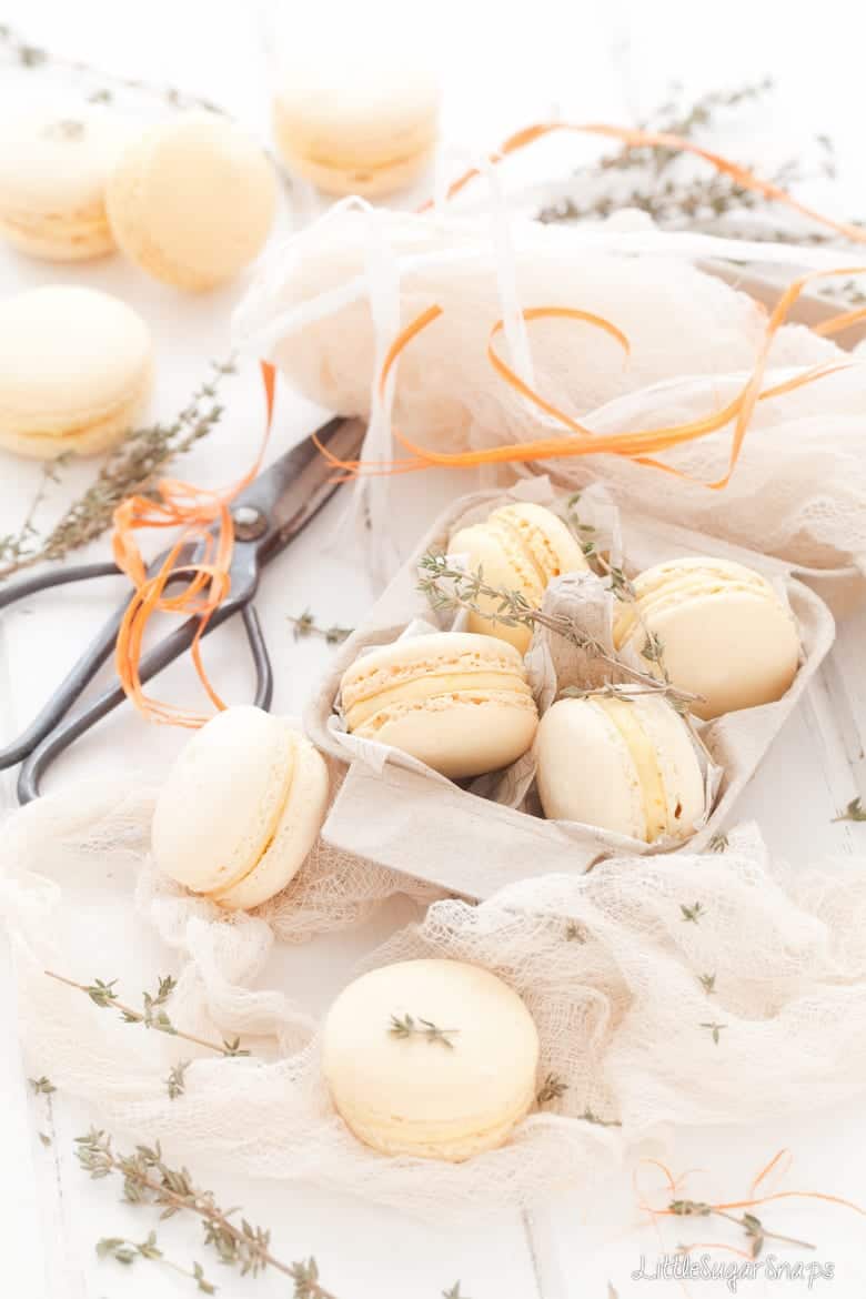 Orange Thyme flavour Macarons in a homemade eggshell gift box.