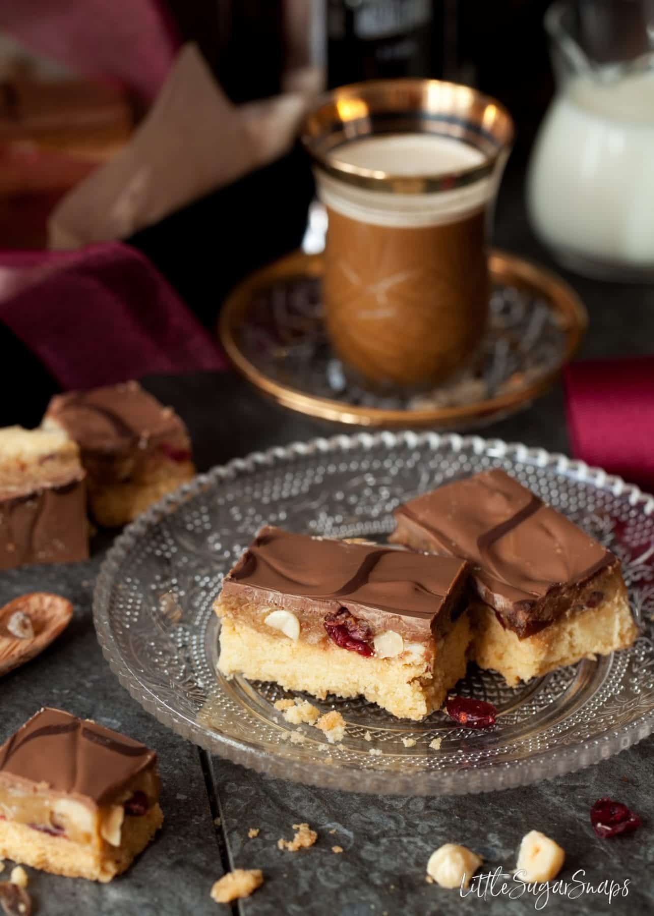 Caramel Shortbread bars with dried fruit and nuts in the caramel. 