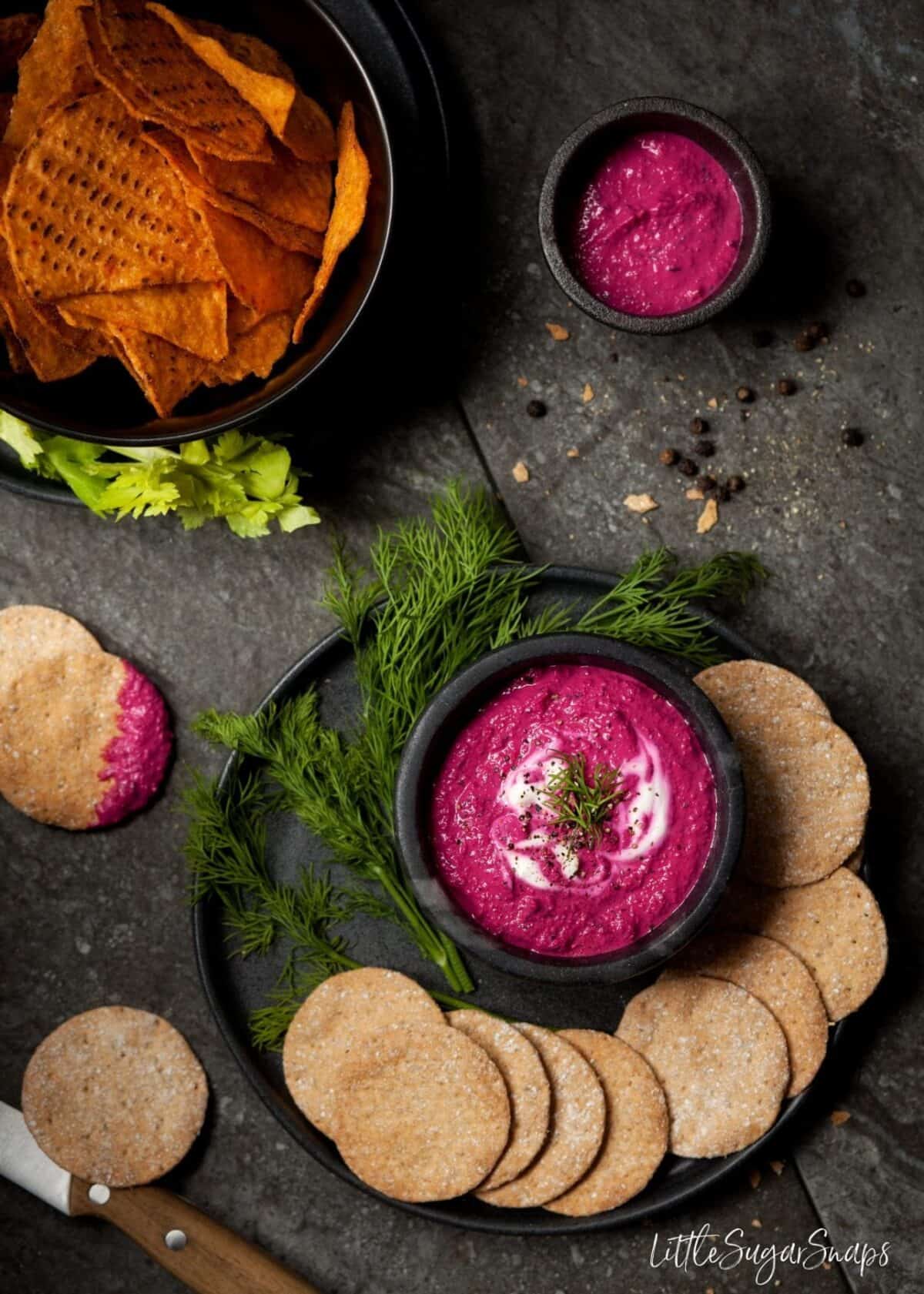 A healthy dip with crackers and tortilla chips.