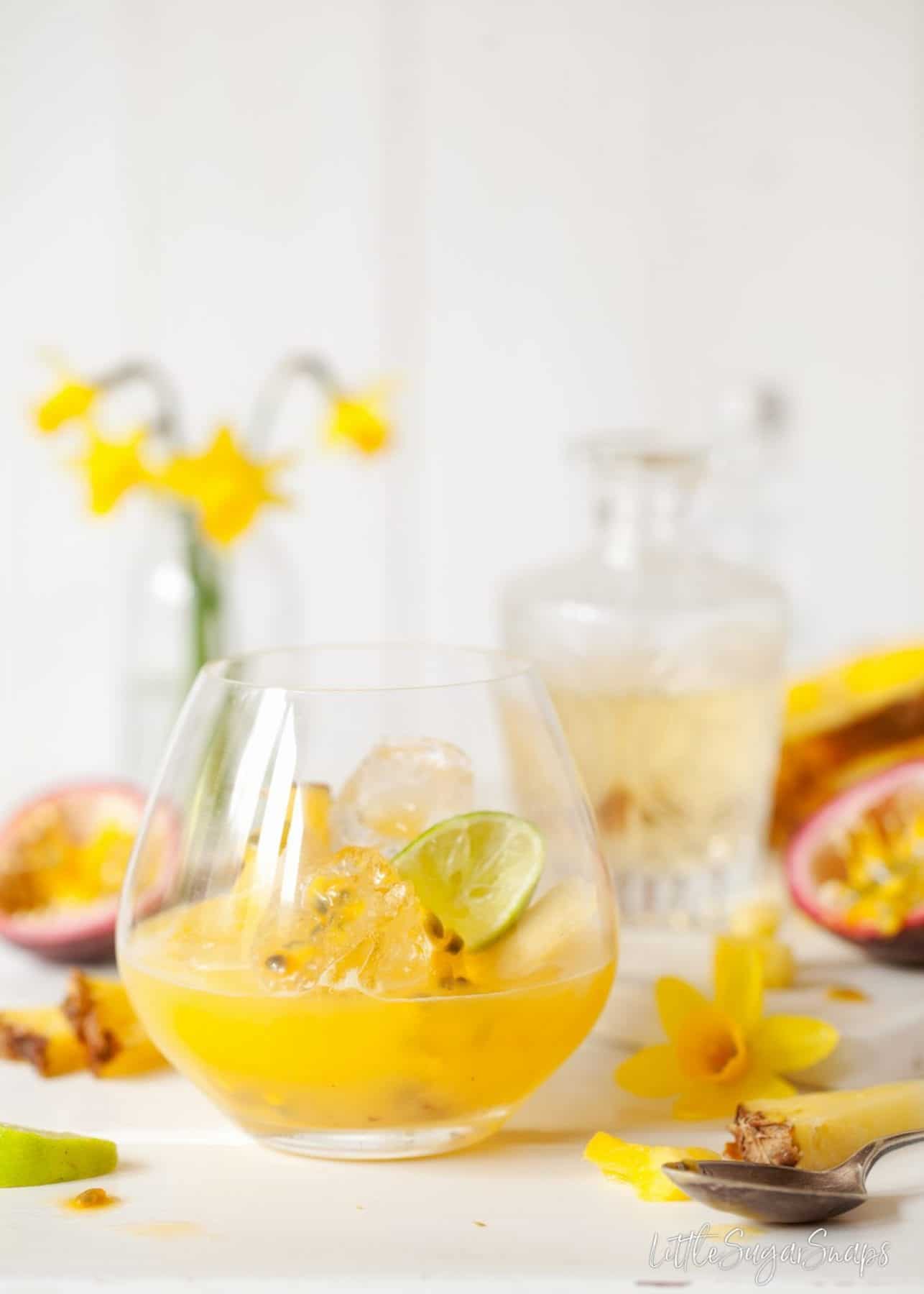 Ingredients for a tropical gin and tonic in a copa glass.