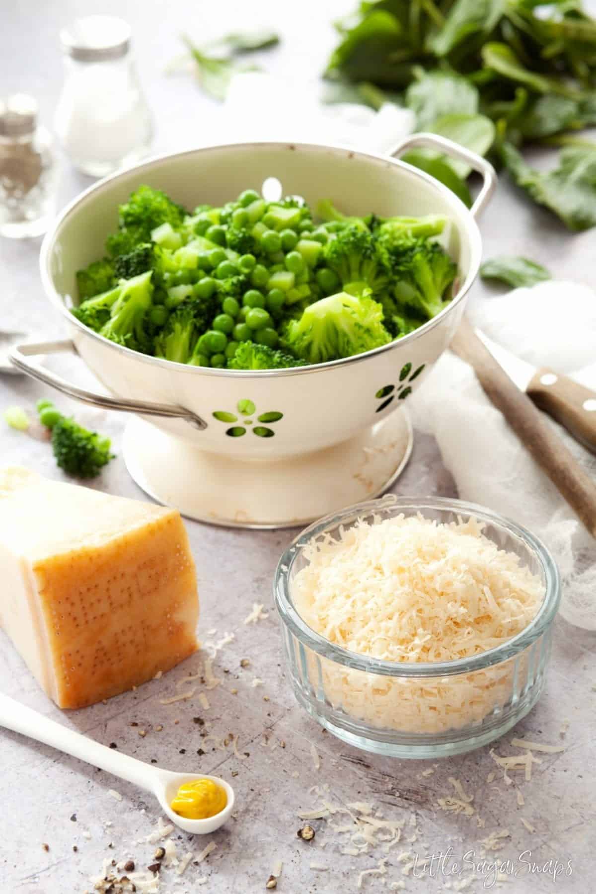 Ingredients: grated parmesan cheese, broccoli and peas.