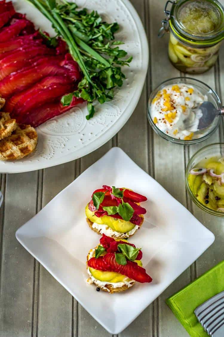 Beetroot cured salmon on small toasts.