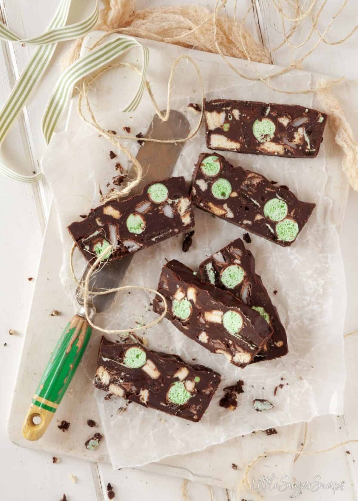 Mint Chocolate Fridge Cake cut into slices.