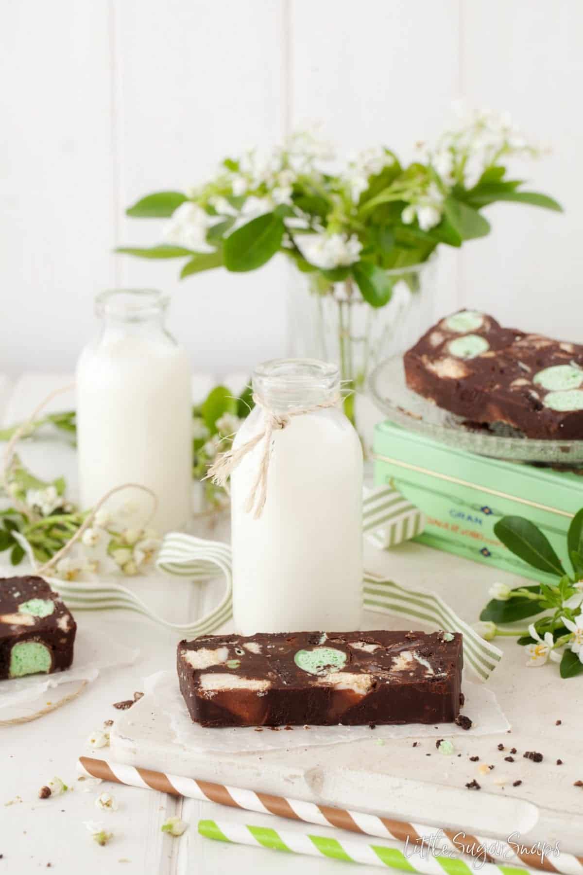 Mint Chocolate Fridge Cake served with milk.