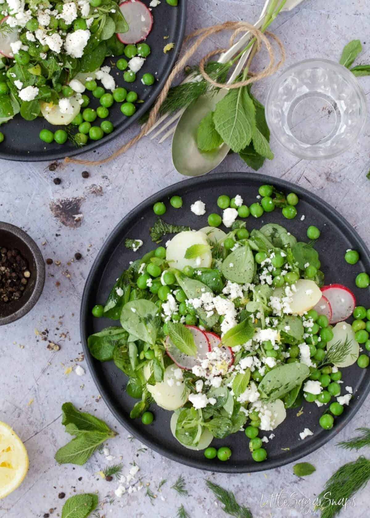 Overhead view of mint, peas, lambs lettuce and potato salad on plates.