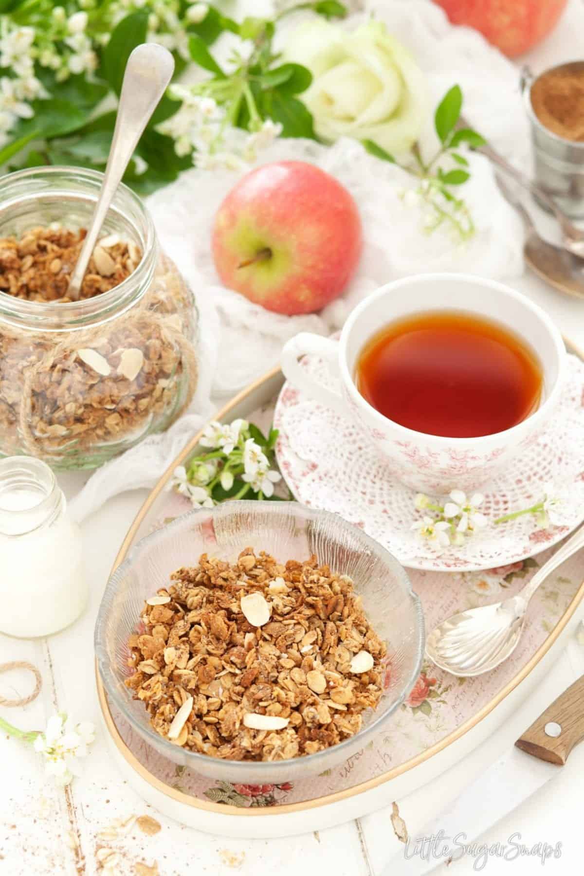 Apple granola with a cup of tea.