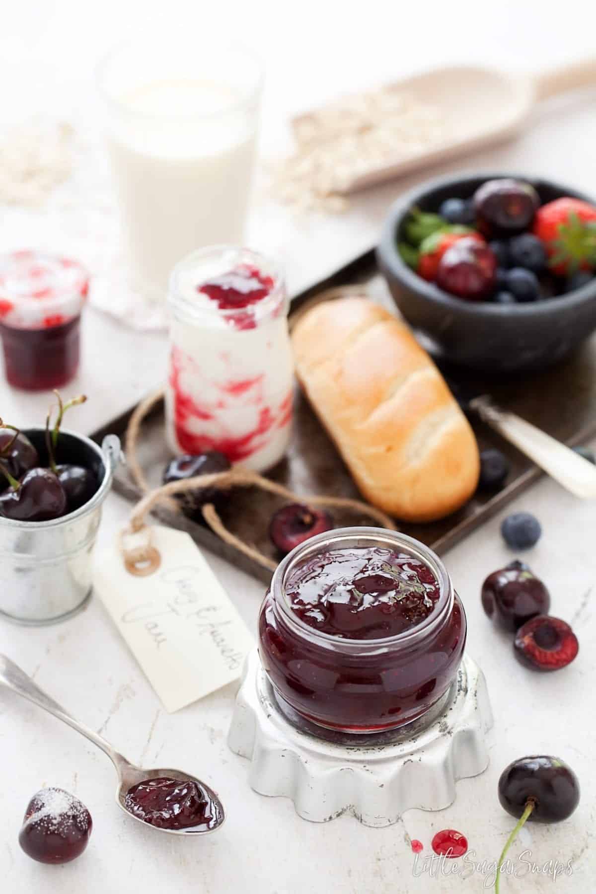 Amaretto Cherry Jam in a small jar.