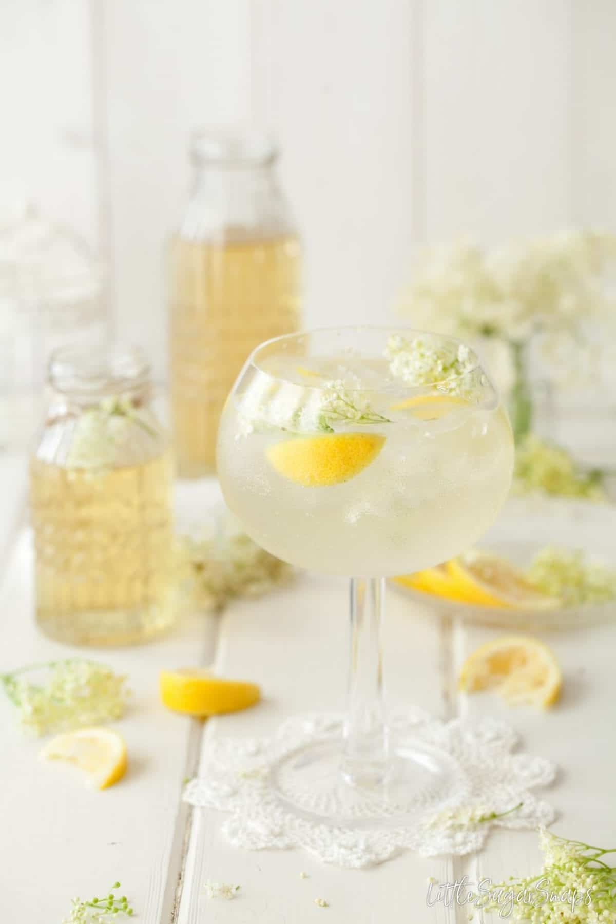 Gin and tonic with elderflower and lemon.