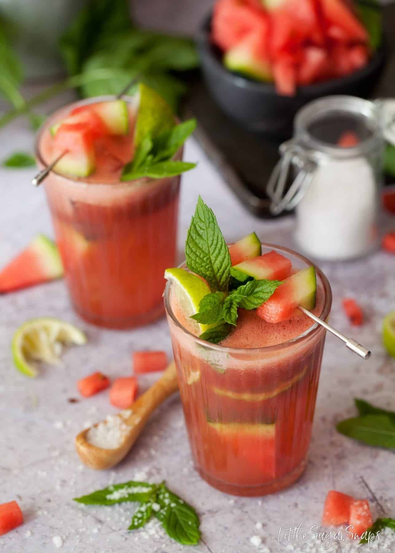 Salted Watermelon Mint Cooler with mint, melon and lime garnish