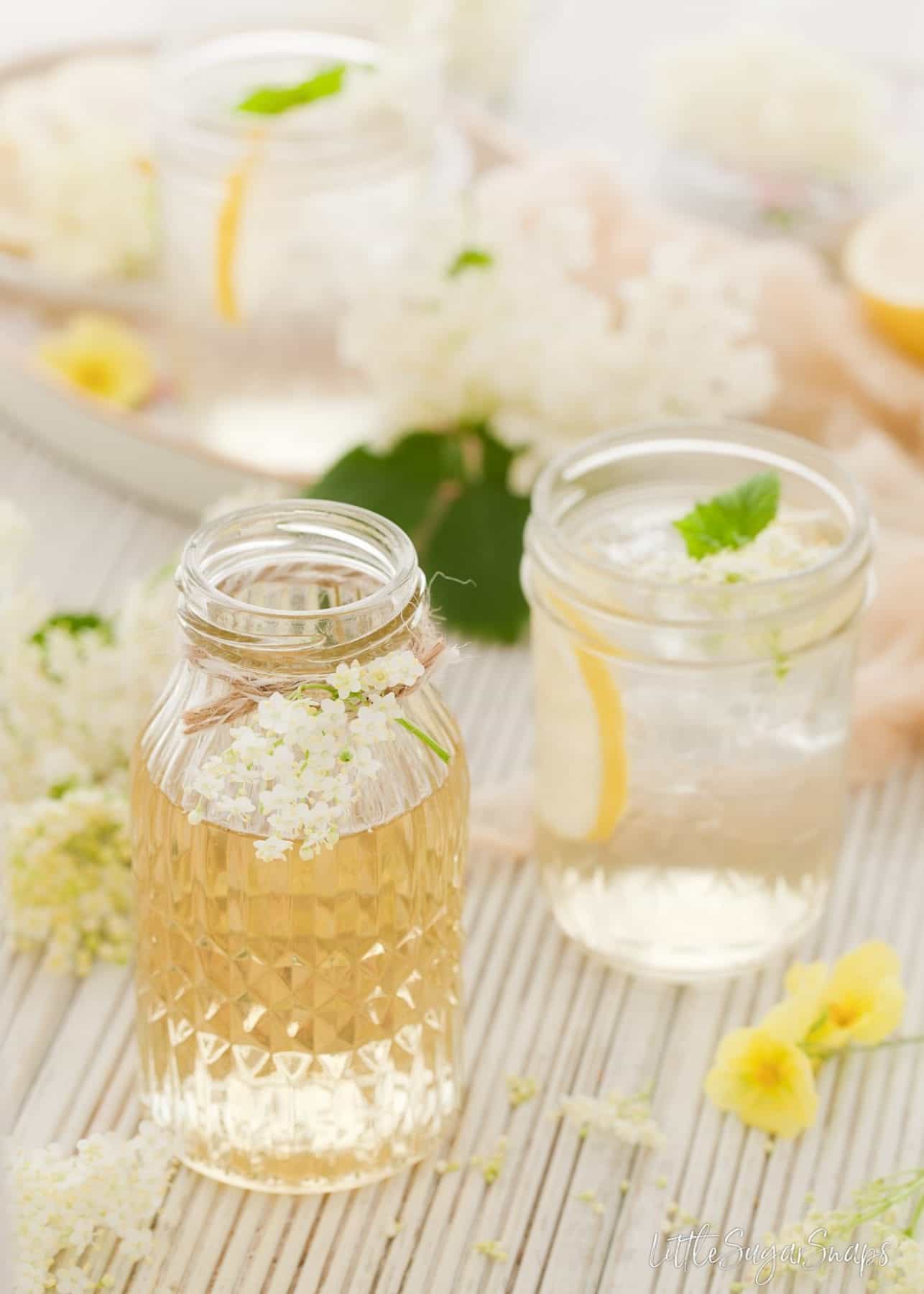 Elderflower cordial in a pretty bottle.