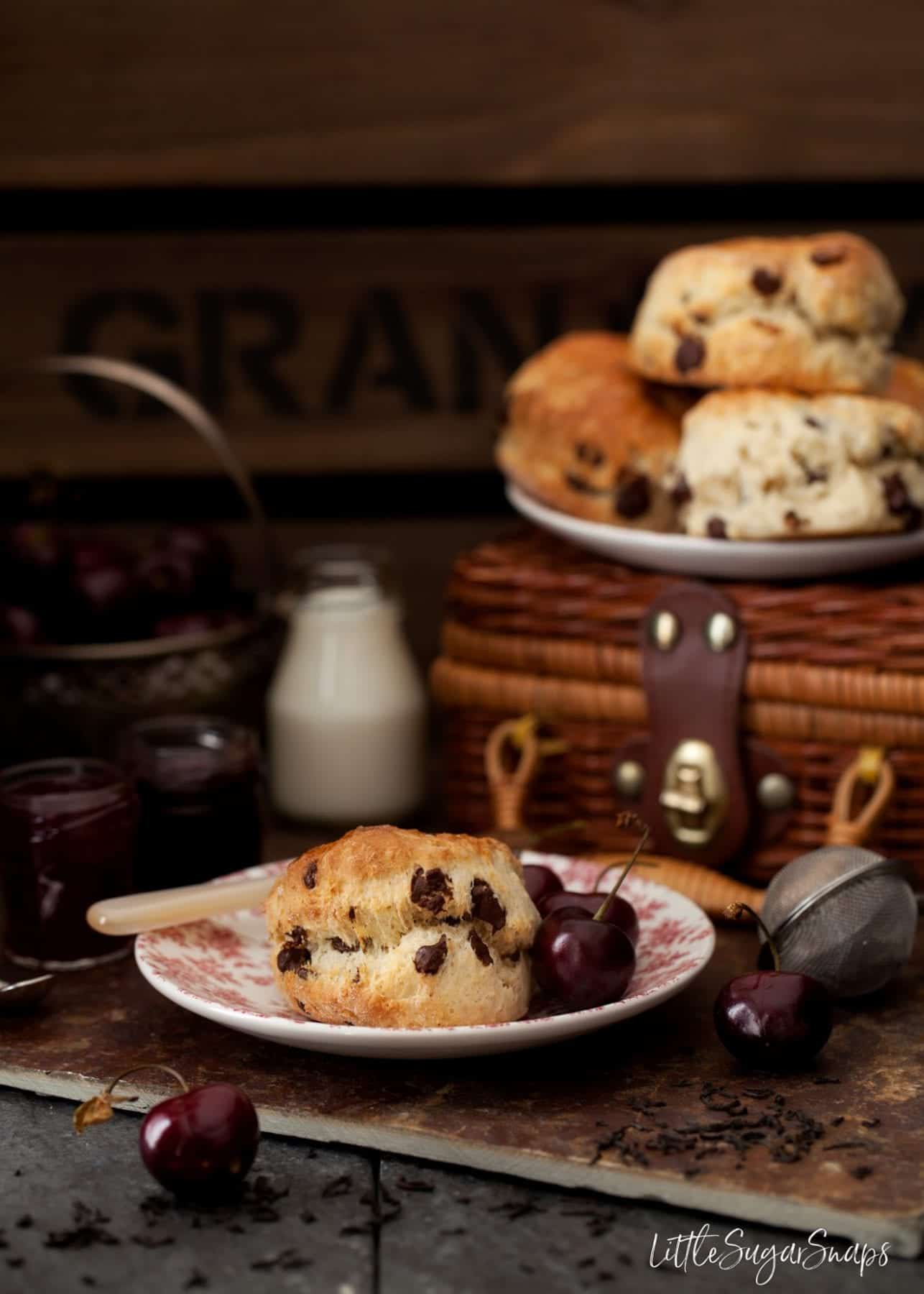 A chocolate chip scone on a plate with fresh cherries.