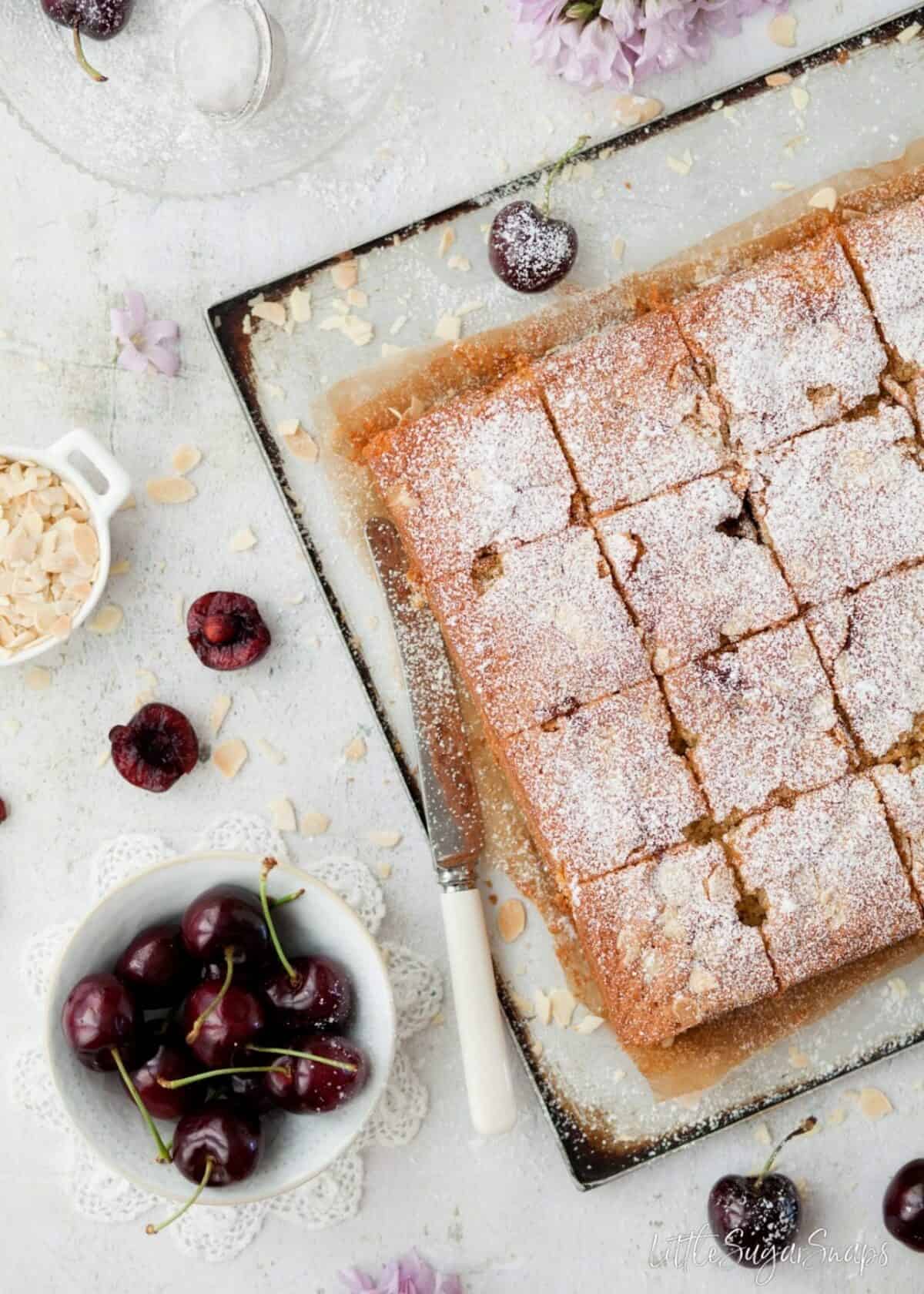 A cherry and almond cake dusted with icing sugar and cut into squares.