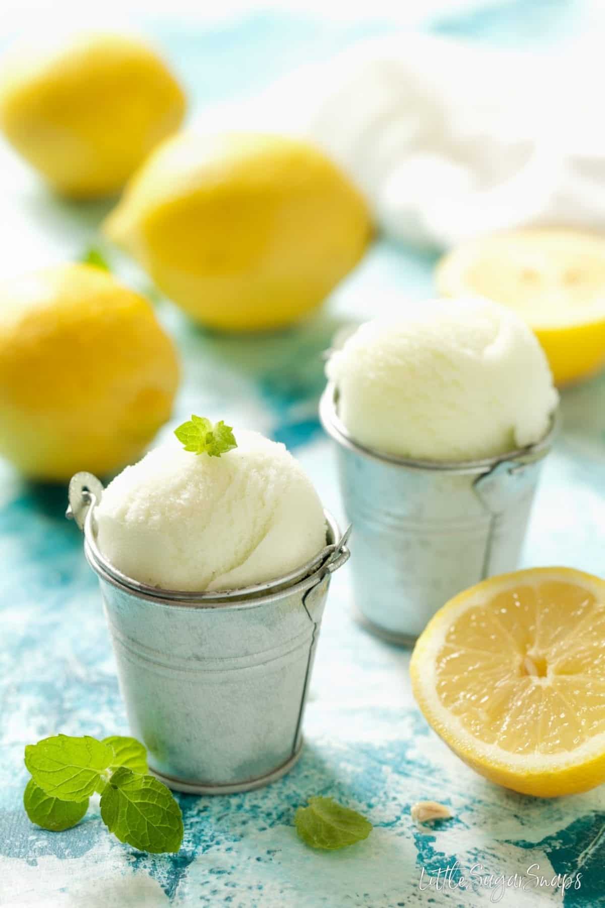 Limoncello Lemon Sorbet in a small metal bucket serving container.