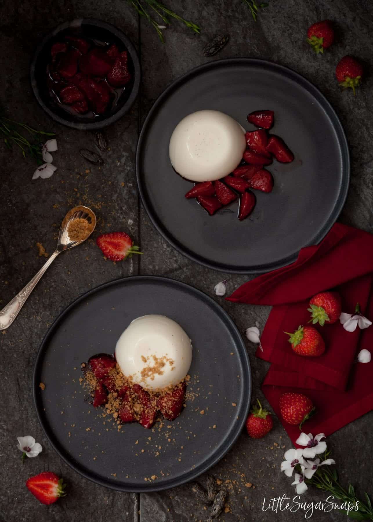 Overhead view of 2 servings of Tonka Bean Panna Cotta