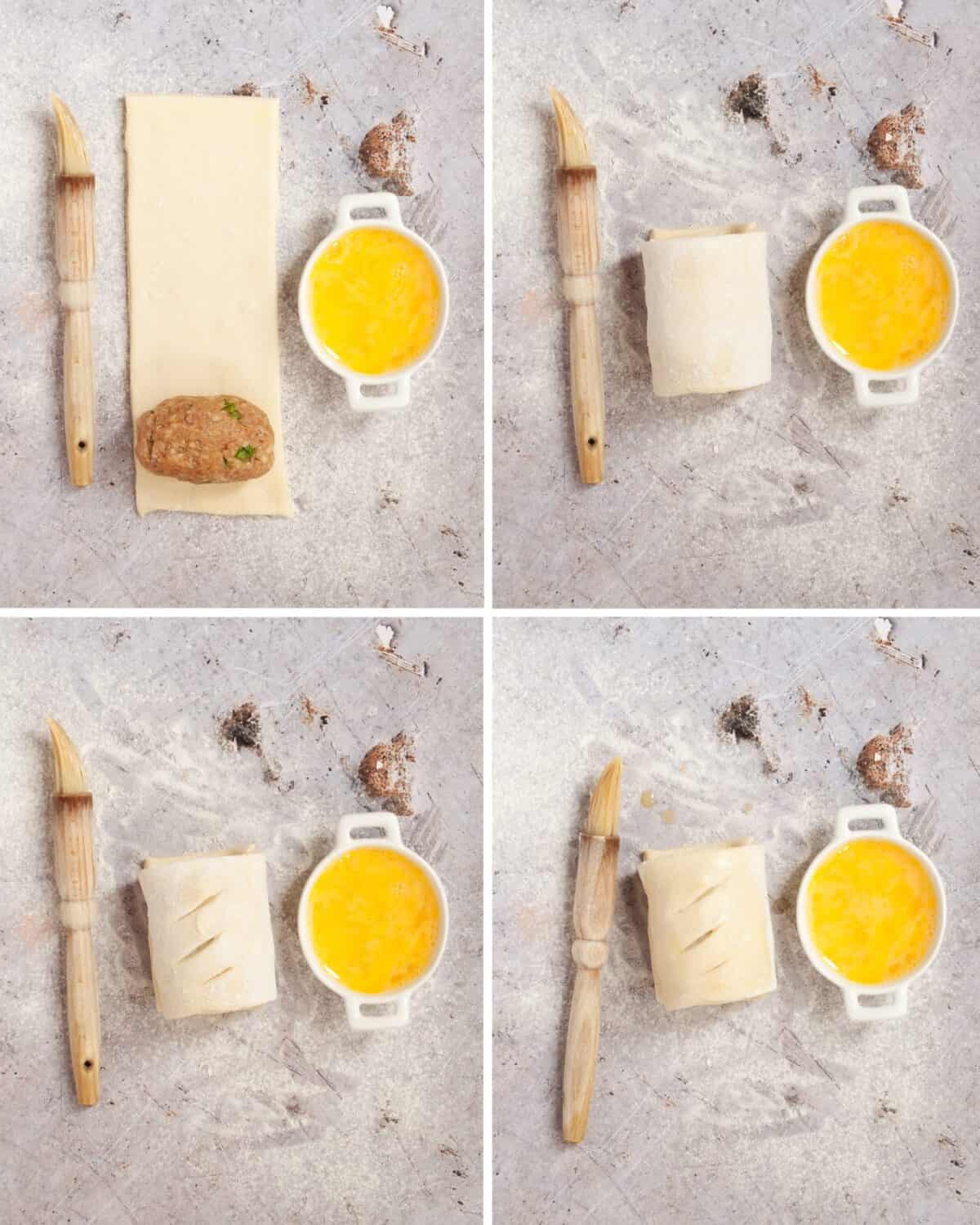 Step by step images for making lamb pastry rolls.