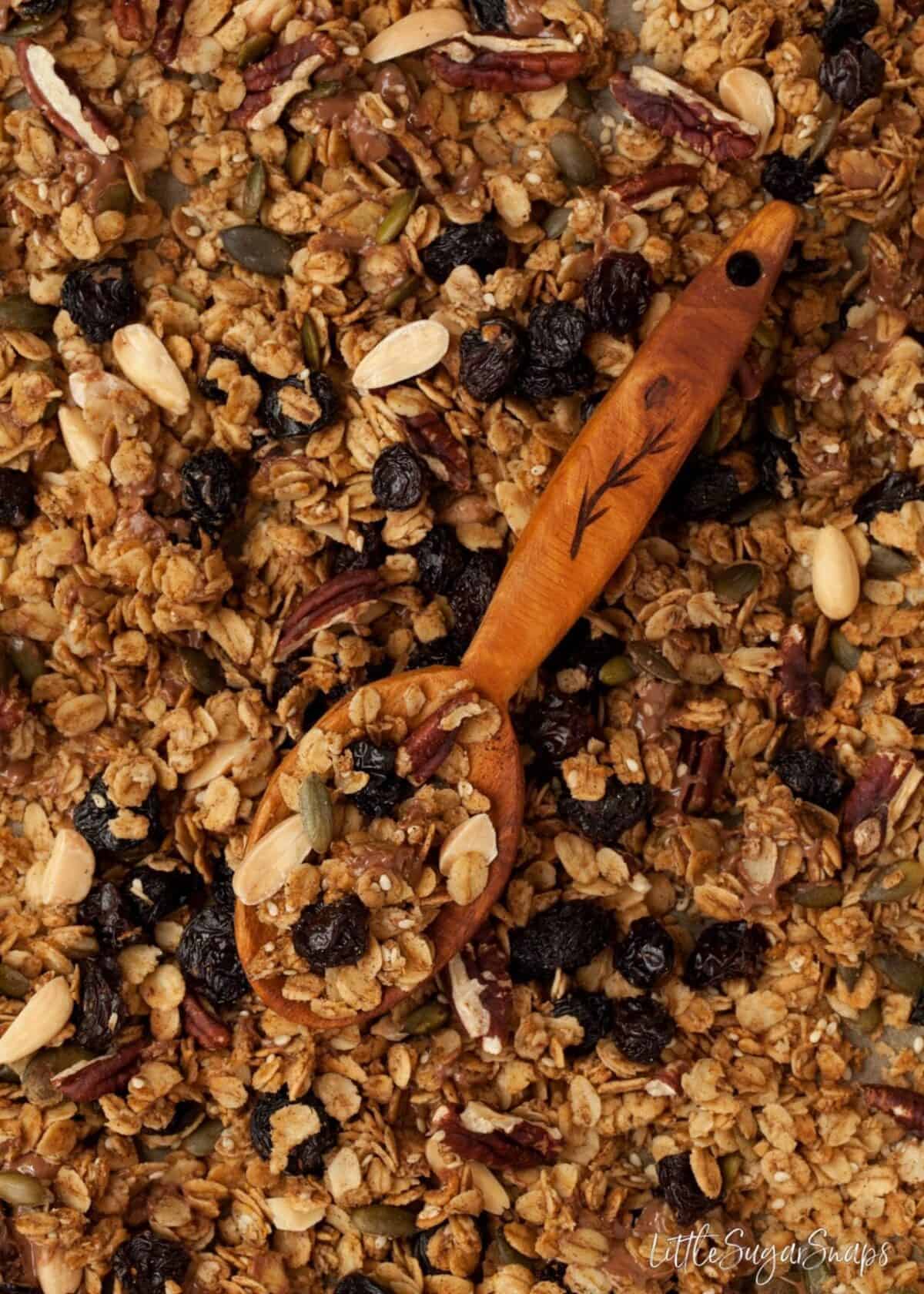 Chocolate Pumpkin Spice Granola with a wooden spoon