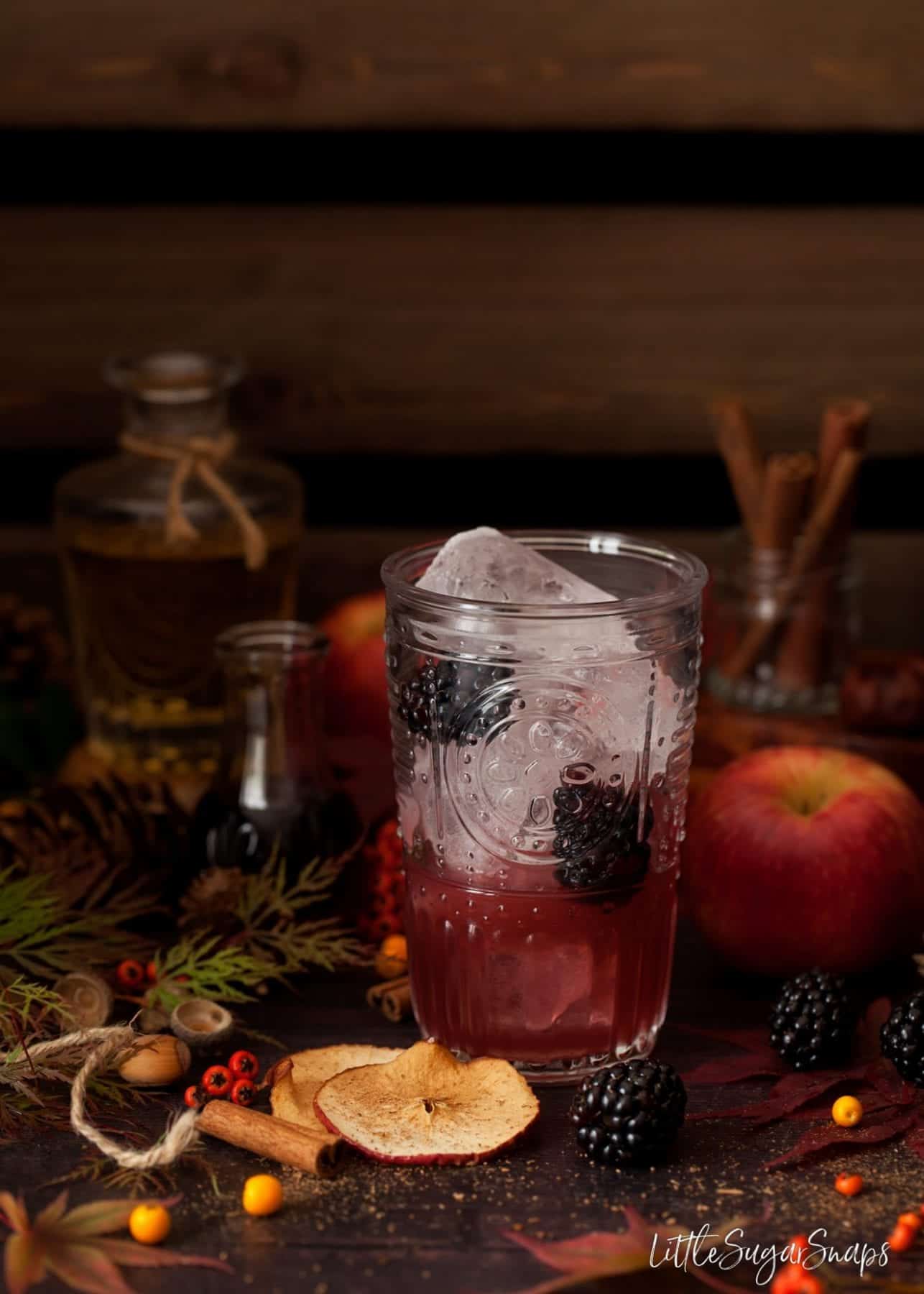 Assembling and blackberry and apple gin drink and tonic in a glass.