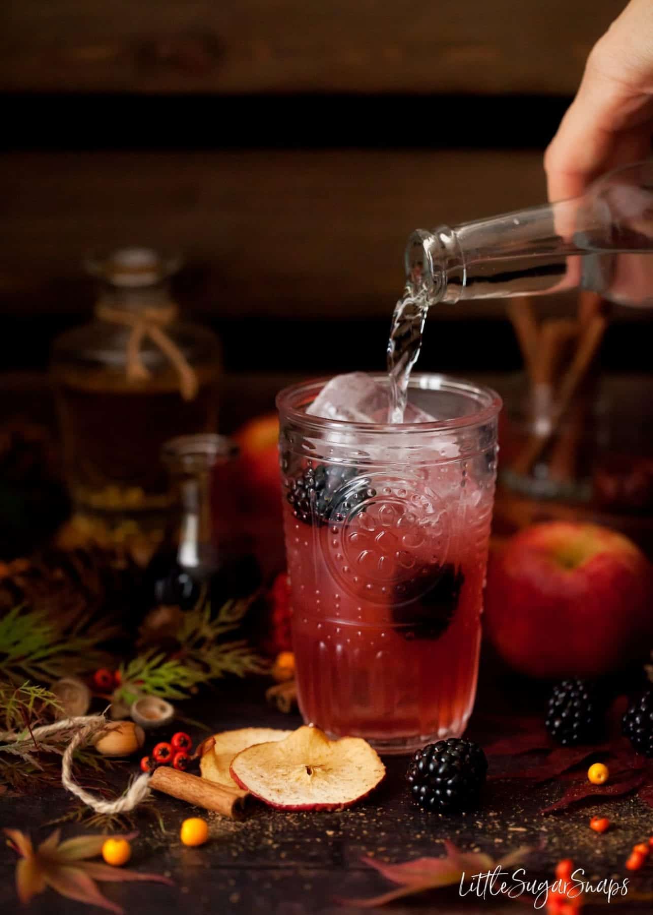 Person pouring tonic water into and autumnal flavoured drink.