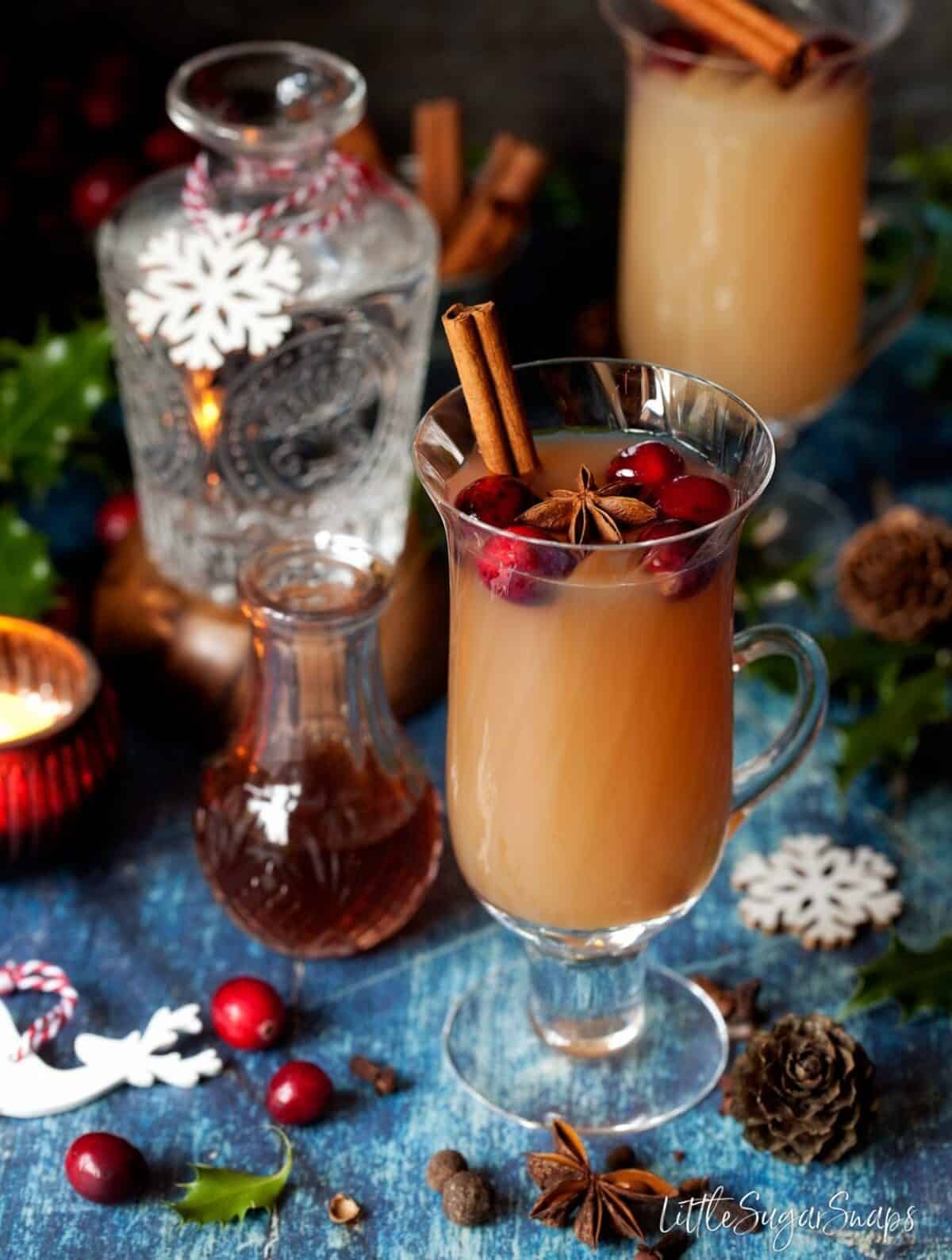 Christmas Mulled Gin and Tonic with apple juice. Served in glasses with cranberries and spices.