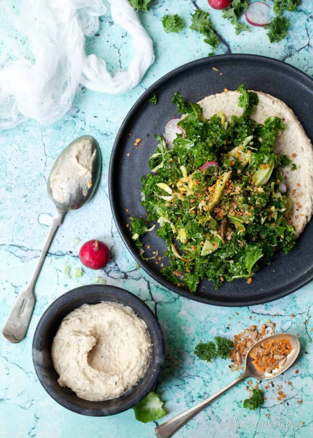 Kale and Sprout Salad on a bed of hummus.