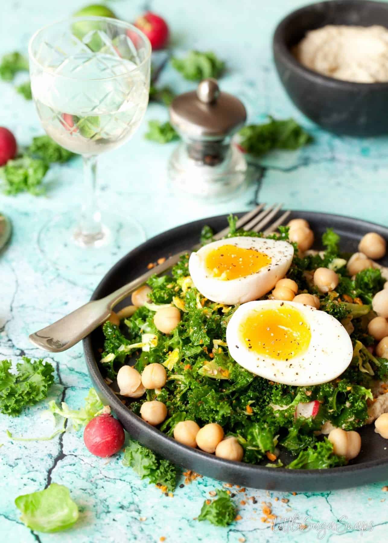 Kale and Sprout Salad with chickpeas and egg.