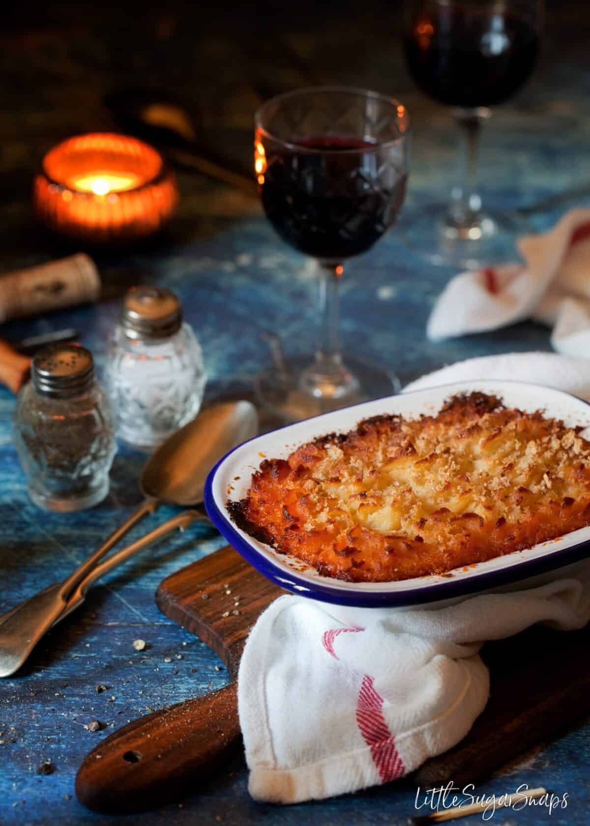 Mediterranean Lamb Pie topped with potato.