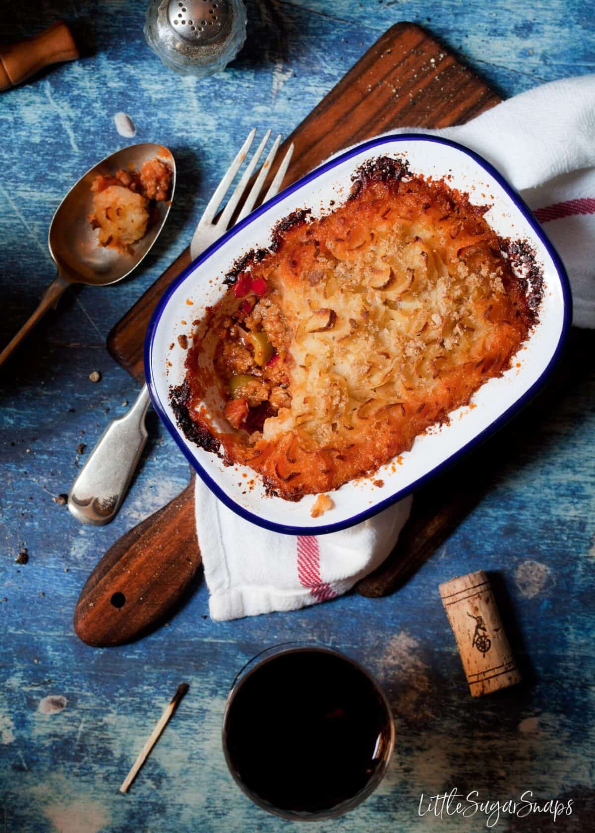 Overhead view of Lamb Pie topped with mashed potato.