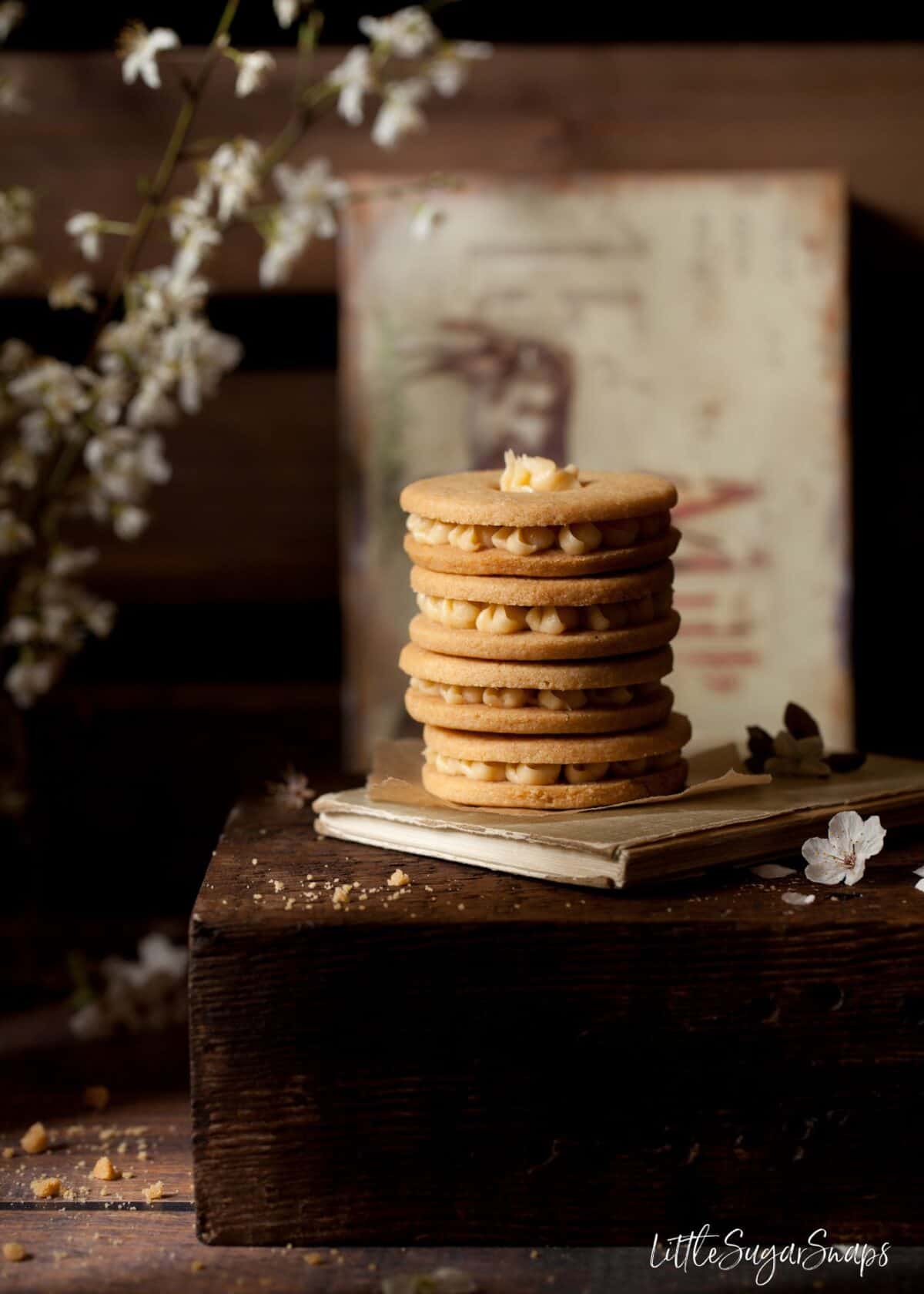 A stack of Malted Milk Biscuits sandwiched with buttercream.