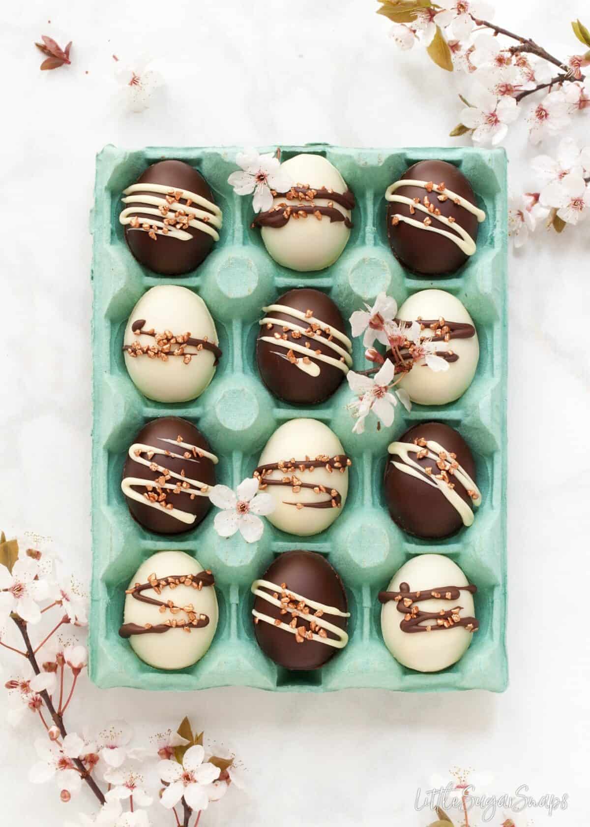 A box of chocolate easter eggs using a caramel shortbread recipe. 