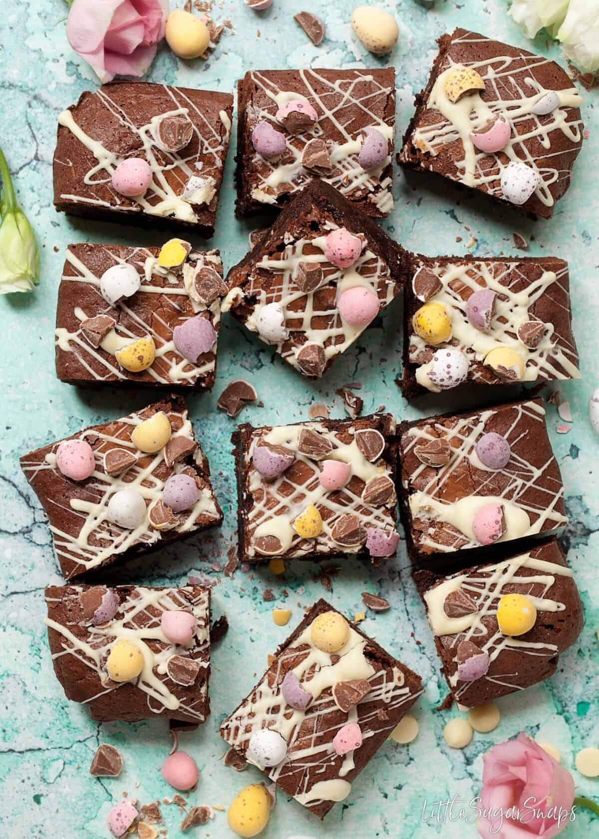 Mini Egg Brownies cut into squares.