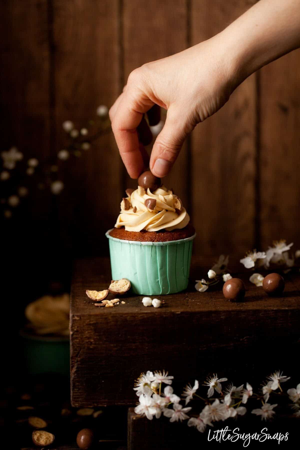 Decorating Vanilla Malt Cupcakes with malteser chocolates.