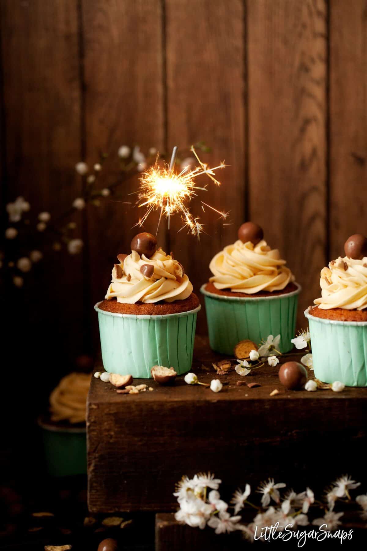 Vanilla Malt Cupcakes with a sparkler