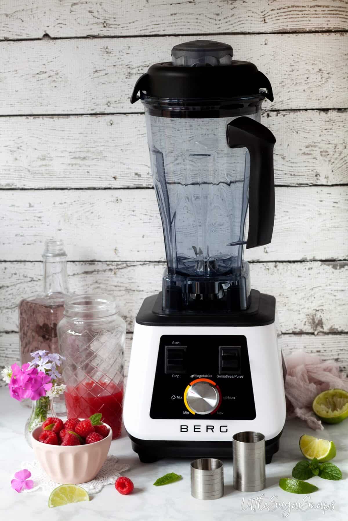 a Berg Innovations blender and ingredients for a drink alongside.