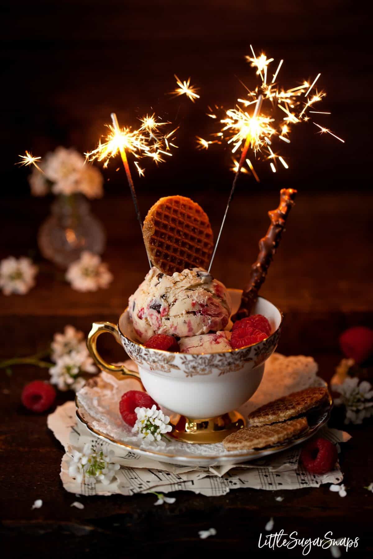 Malted Milk Ice Cream in a bowl with sparklers.