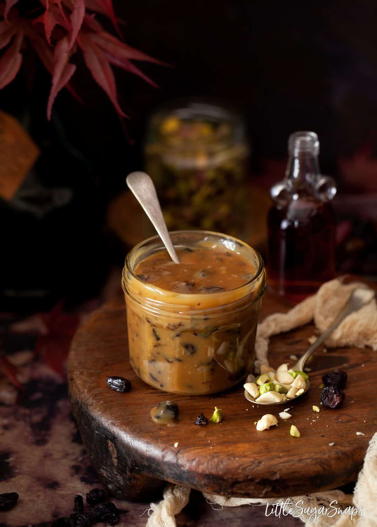 Rum & raisin caramel sauce with mixed nuts