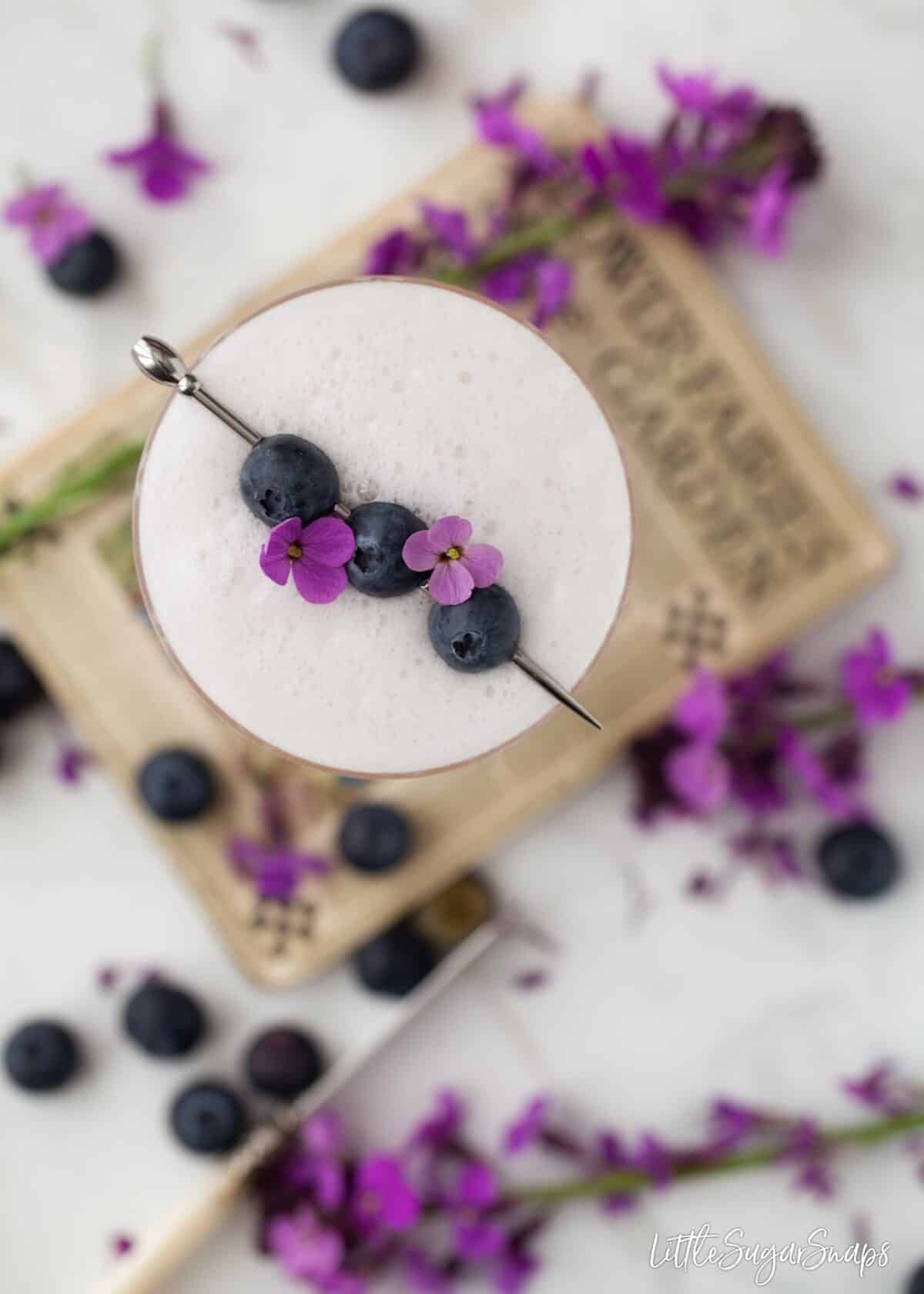 Violet Blueberry Gin Sour garnished with blueberries and flowers