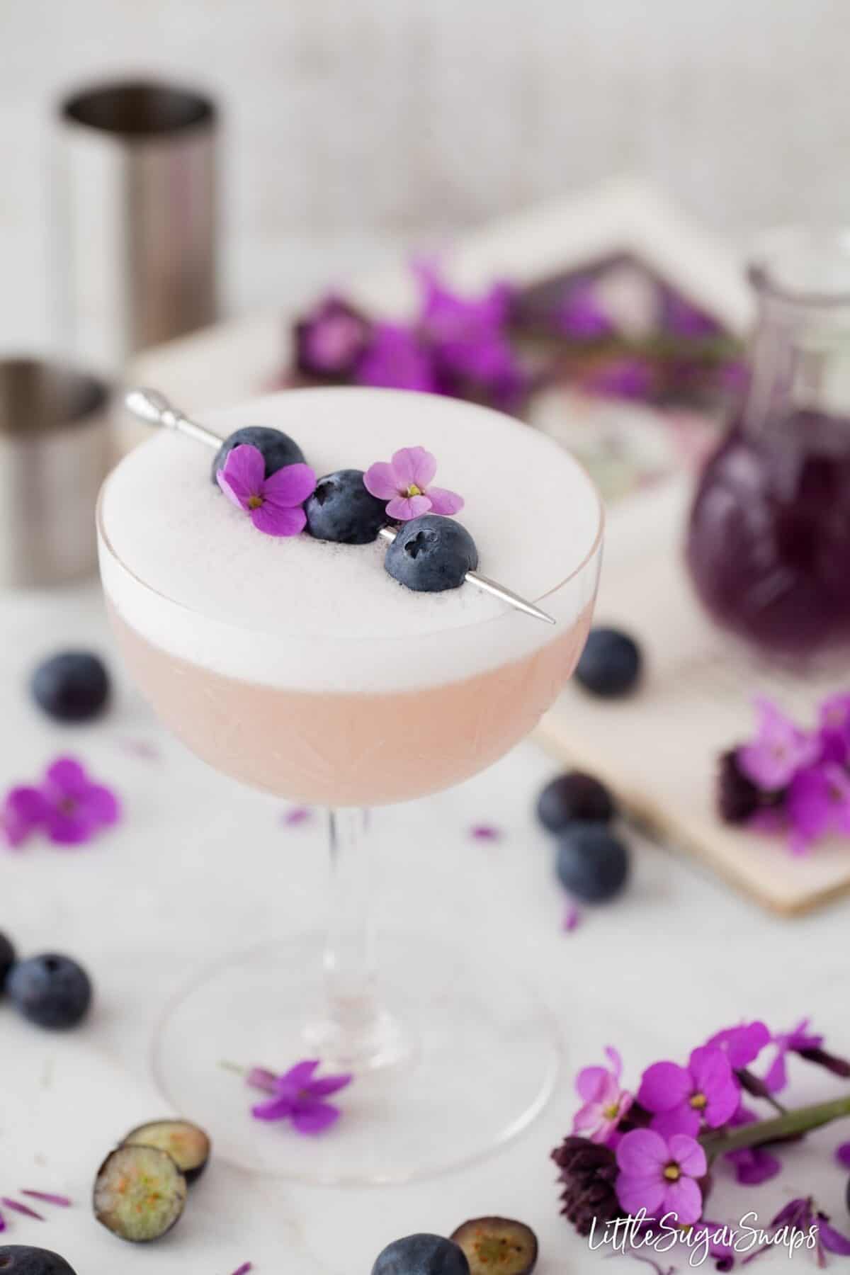 Violet Blueberry Gin Sour garnished with blueberries and flowers